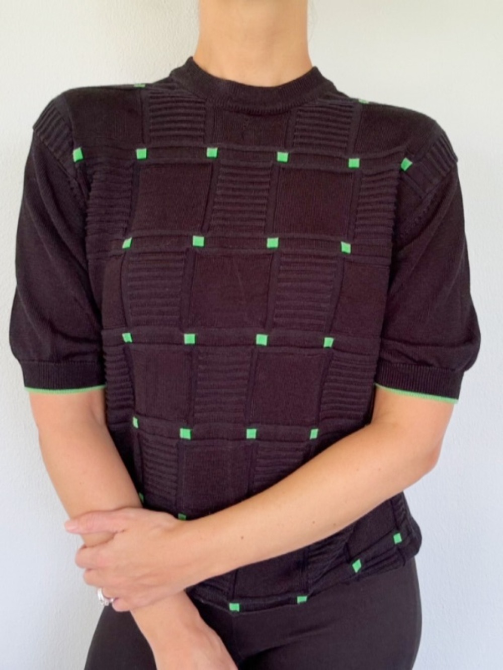 Vintage Manny’s Naples black green check mock neck short sleeve sweater medium